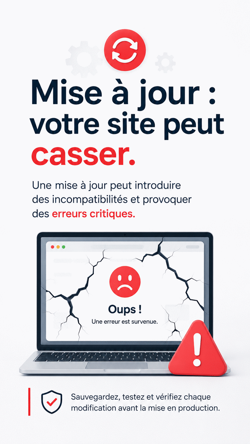 Mise à jour : votre site peut casser. Une mise à jour peut introduire des incompatibilités et provoquer des erreurs critiques.